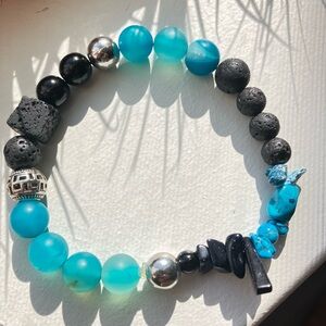 Turquoise, gemstones and Black Beaded Stretch Men’s Bracelet